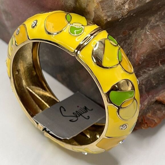 Yellow & Green  Enamel Geometric Pattern Accented with Clear Crystals in Gold Hi - Picture 5 of 11